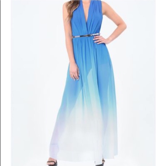 BeBe Blue Ombre Maxi Dress / Romper + Built In Shorts Maxi Sheer Deep V Neck - Picture 3 of 17